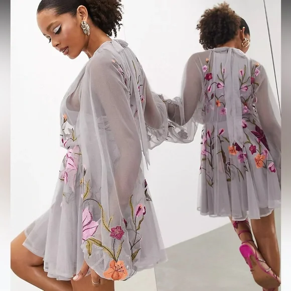 ASOS Edition mesh long sleeve mini dress with floral embroidery in blush - Picture 4 of 4